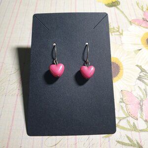 Pink Heart Drop Earrings Silver Hooks Valentine Holiday Dangle Vintage Gift Love